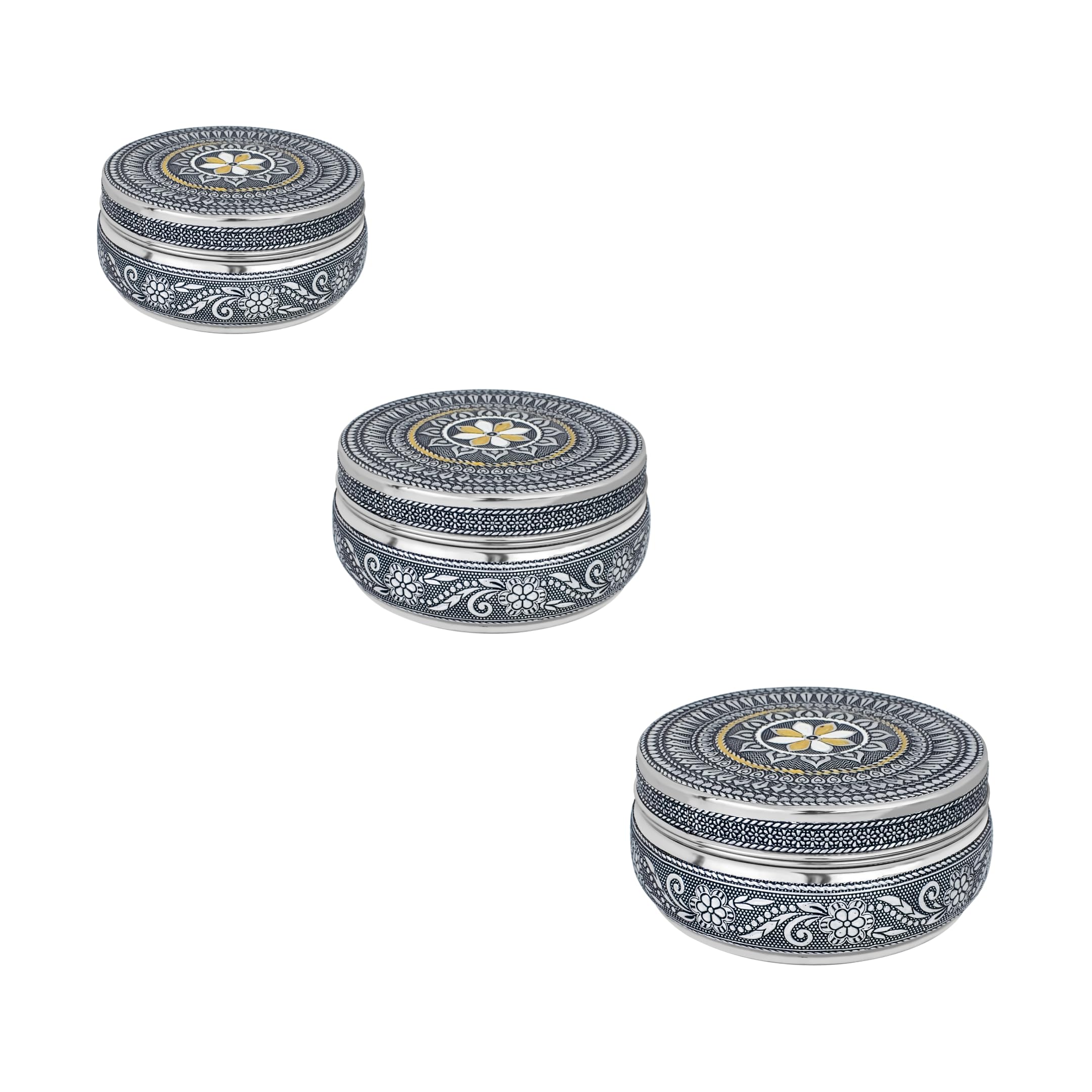 Trisara Set of 3 Stainless Steel Antique Meena Box | Size 7(350 ml